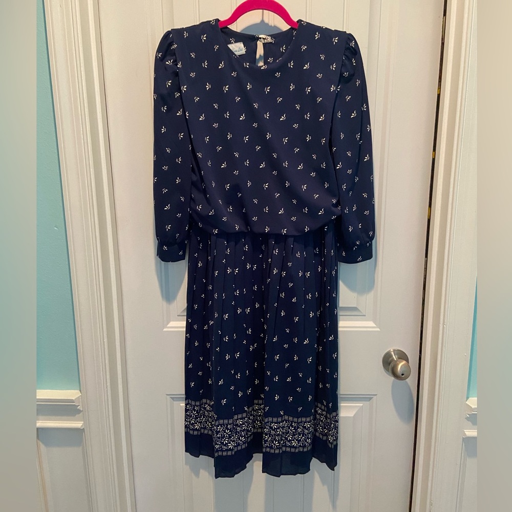 Meryl Fashions Ltd Vintage 80’s Long Sleeve Navy Dress Padded Shoulders Sz 8